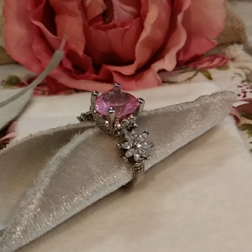 SS Genuine Pink Topaz Floral Ring